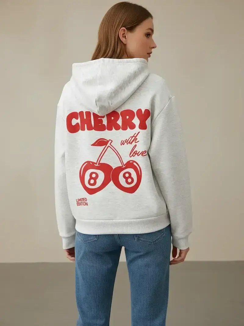 Women's Cherry & Letter Print Drop Shoulder Hoodie, Fashion Casual Drawstring Pocket Hooded Sweatshirt for Daily Holiday Outdoor Wear, Women Clothing for Fall & Winter, Graphic Print Hoodie