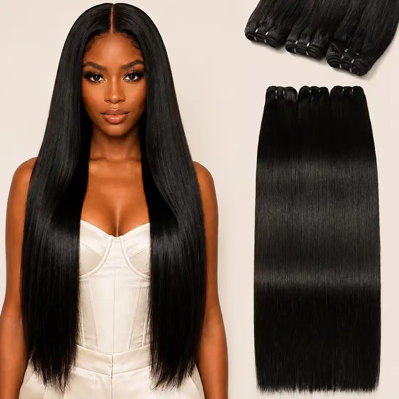 AngleLove Straight Human Hair Bundles, Brazilian Virgin Hair Natural Black, Soft and Full Hair Bundles for Women, Single Bundle or Bundle Set Options