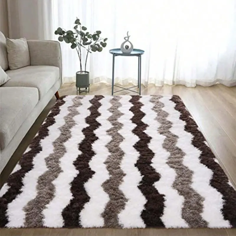 Brown & White Striped Shaggy Fuzzy Ultra Plush Long Pile Home Decor Rug, 6x9 Machine Washable Stain-Resistant Non-Slip Indoor Use Rug for Living Room, Bedroom, Home Decor Rugs, Shaggy Fuzzy Rugs