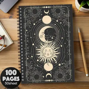 1 Witch Spiral Notebook, Spiral Bound Notepad - Celestial sun, moon, and star design, black and gold magical cover, 100-page tabbed notebook suitable for journaling, travel, school, and office use, small witch-themed gift