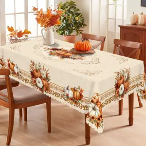 PLUMLIK Autumn Theme Tablecloth with Pumpkin Flower Patterns, Vintage Floral Rectangular Round Table Cover, Chic Fall Decor Suitable for Thanksgiving Day Indoor Outdoor Holiday Party, Farmhouse Table Decoration, Dorm Home Kitchen Festive Decor