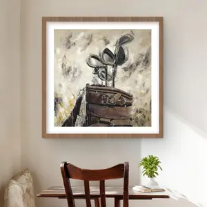 212 MAIN 24x24 in. Framed Wood Wall Art - Vintage Sticks & Golf Bag Matted Print, Artistic Golf Aesthetics Decoration, Ideal Room Gift for Home Decor & Supplies