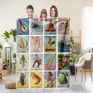 1 piece of Mexican Loteria Card themed stitching element flannel Throw Blanket for all seasons, perfect gift for sofas, beds, camping and travel. A must for card lovers