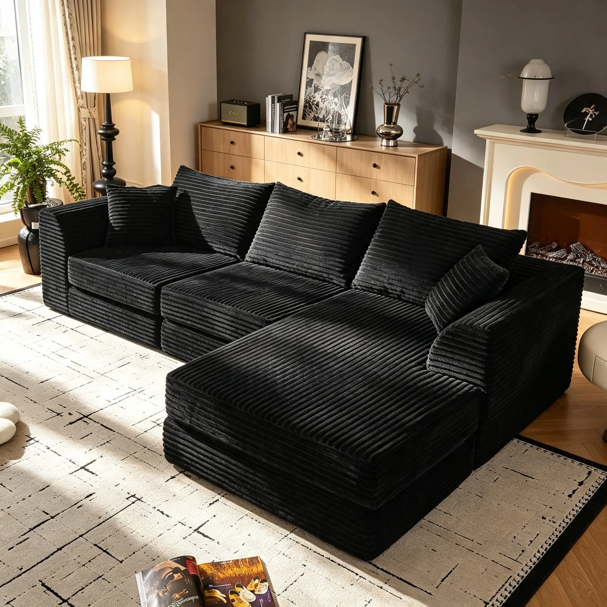 102" L-Shaped Modular Cloud Sofa with Reversible Chaise - Corduroy Fabric, No Assembly Required, Deep Memory Foam Seating, Convertible Sleeper Sectional, U-Shaped Configurable, Living Room Lounge, Black/Grey Options