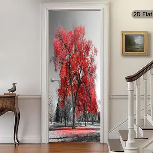 2D Flat Tree Door Stickers, Autumn Landscape Self-Adhesive Wall Art, Seasonal Peel-And-Stick Poster, Home Decor for Bedroom and Living Room