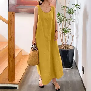 New Summer Style Long-sleeved Cotton and Linen Simple Style Loose-fitting Dress with Pockets and Round Neckline, Elegant Sleeveless Women's Dress