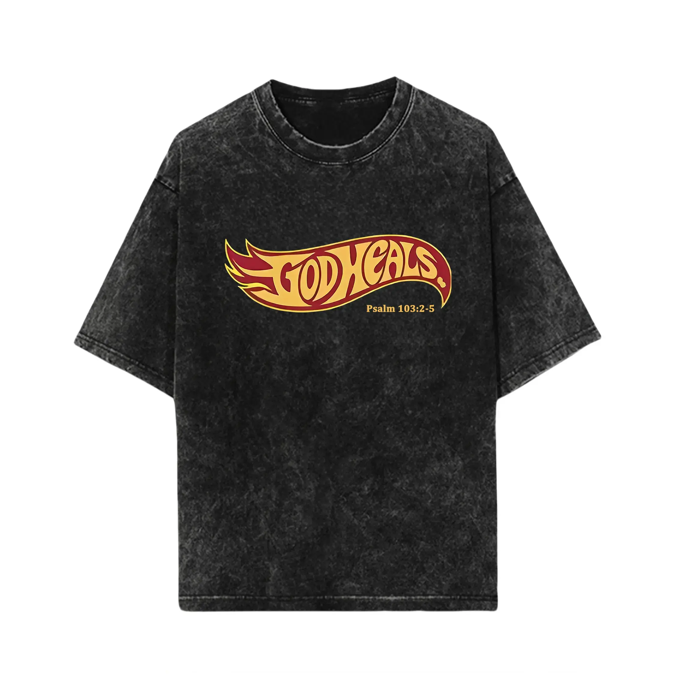 Men's Short-Sleeve Christian Graphic Tee, Menswear Tops, God Heals Hot Wheels Design, Psalm 103:2-5