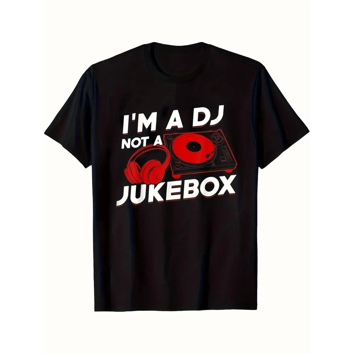A Dj-Themed T-Shirt for Men, Featuring a Casual Round Neck And Short Sleeves, with a 3D Printed Design Saying 'I'M Not a Jukebox'. Made from Knit Fabric Suitable for All Seasons, It Has a Regular Fit Ideal for Everyday And Casual Wear