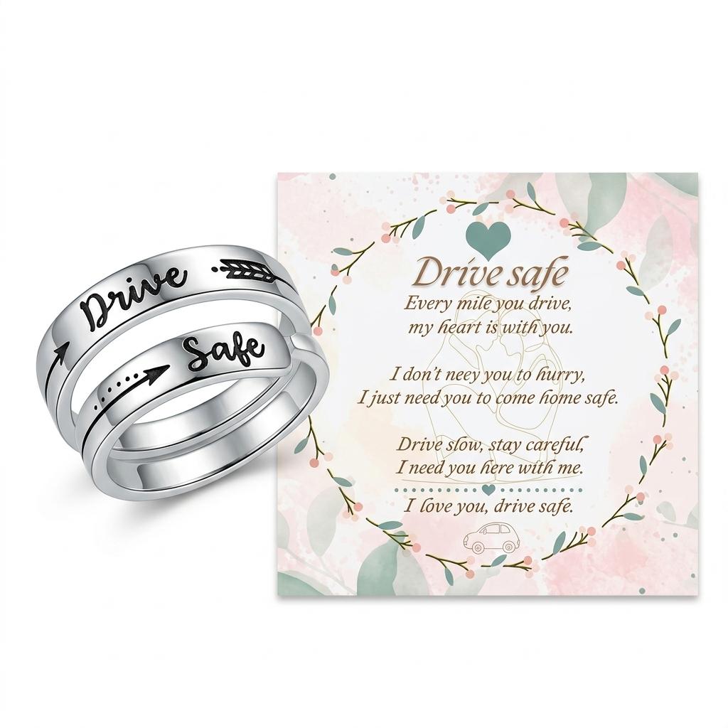 “Drive Safe”Stainless Steel Ring with Sentimental Message Card Couple Promise Ring Gift for Boyfriend Girlfriend Anniversary Birthday Jewelry,0.74 inch