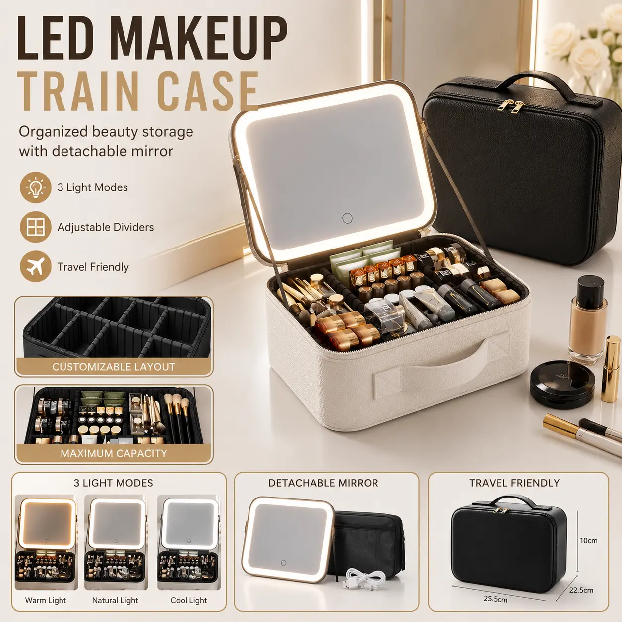 LED Makeup Train Case with Detachable Lighted Mirror, 3 Light Modes, Adjustable Dividers & Brush Holder, Travel Cosmetic Organizer