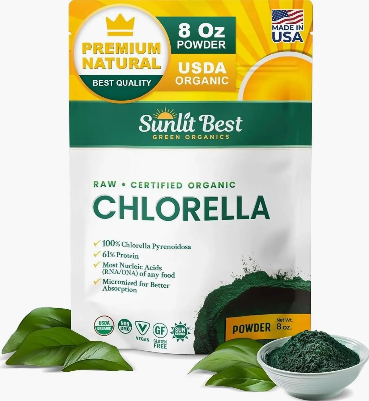 Sunlit Best Chlorella Powder Organic USDA, Green Algae Chlorella Powder, Broken Cell Wall Chlorellas, Raw Vegan Protein Chlorophyll - Non GMO, Gluten Free Superfood, Immune Support Supplement, 8 oz