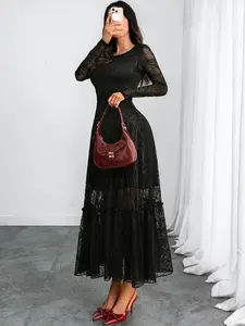 Elegant Gothic Mesh Fitted Dress with Long Sleeves, Two-Layer Design, Fashionable, Stylish and Formal Dress, Womenswear, Perfect for Special Occasions
