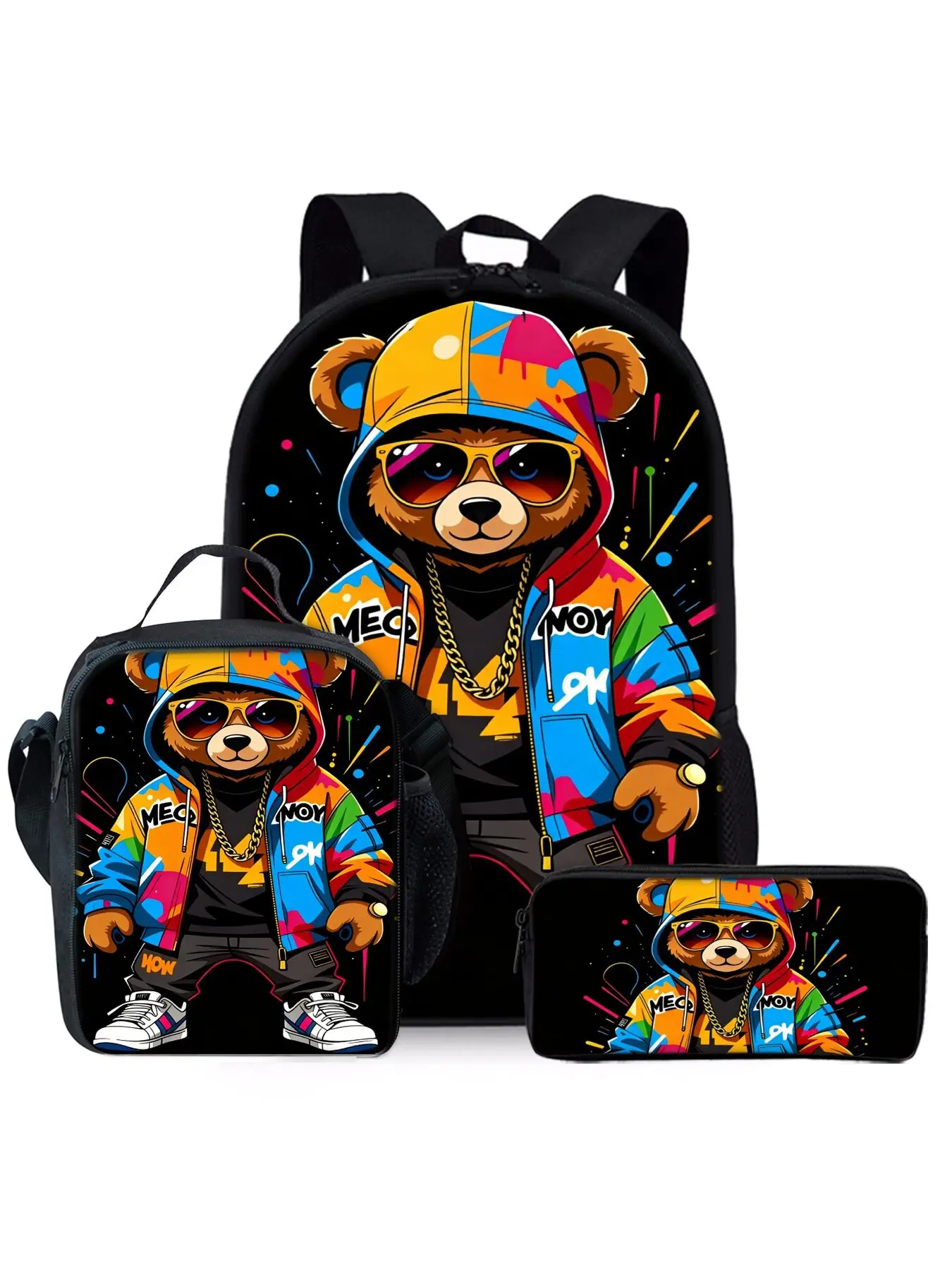 Colorful Cute Bear Printed Backpack 3-Piece Set Includes Lunch Bag and Pen Case