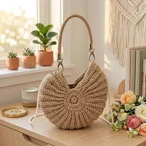 Women's Handwoven Shell-Shaped Crossbody Bag - Elegant Pearl Chain Strap, Summer Beach & Vacation Shoulder Bag for Outdoor Use