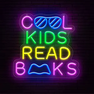 Lumoonosity Cool Kids Read Books Neon Sign - Indoor Classroom Pink, Blue, Green & Yellow Color LED Light - USB Powered Decoration for Classroom, Bedroom, Library - High Quality Acrylic Neon Sign for Students, Book Lovers - with ON/OFF Switch