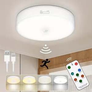 Rechargeable Motion Sensor Closet Light With Remote, Battery Operated Wireless Ceiling Lights - 500LM&4 Colors Dimmable Motion Activated Lights Ceiling Lamp For Closet Shower Stair Hallway Pantry bedside lamp