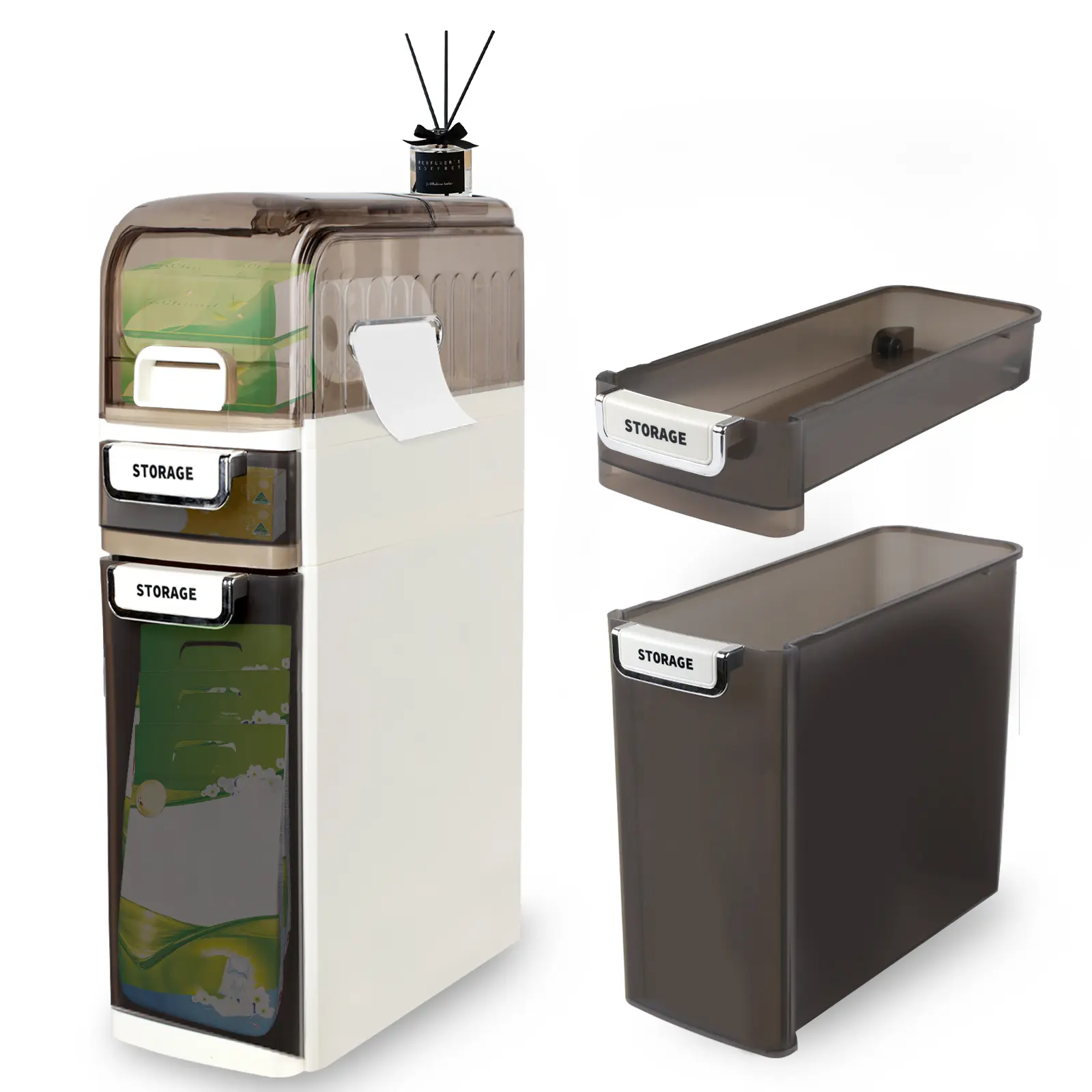 3-Tier Slim Narrow Bathroom Cabinet with Wheels, Plastic, Waterproof, Tissue Box, Skinny Storage Organizer for Small Spaces, Kitchen