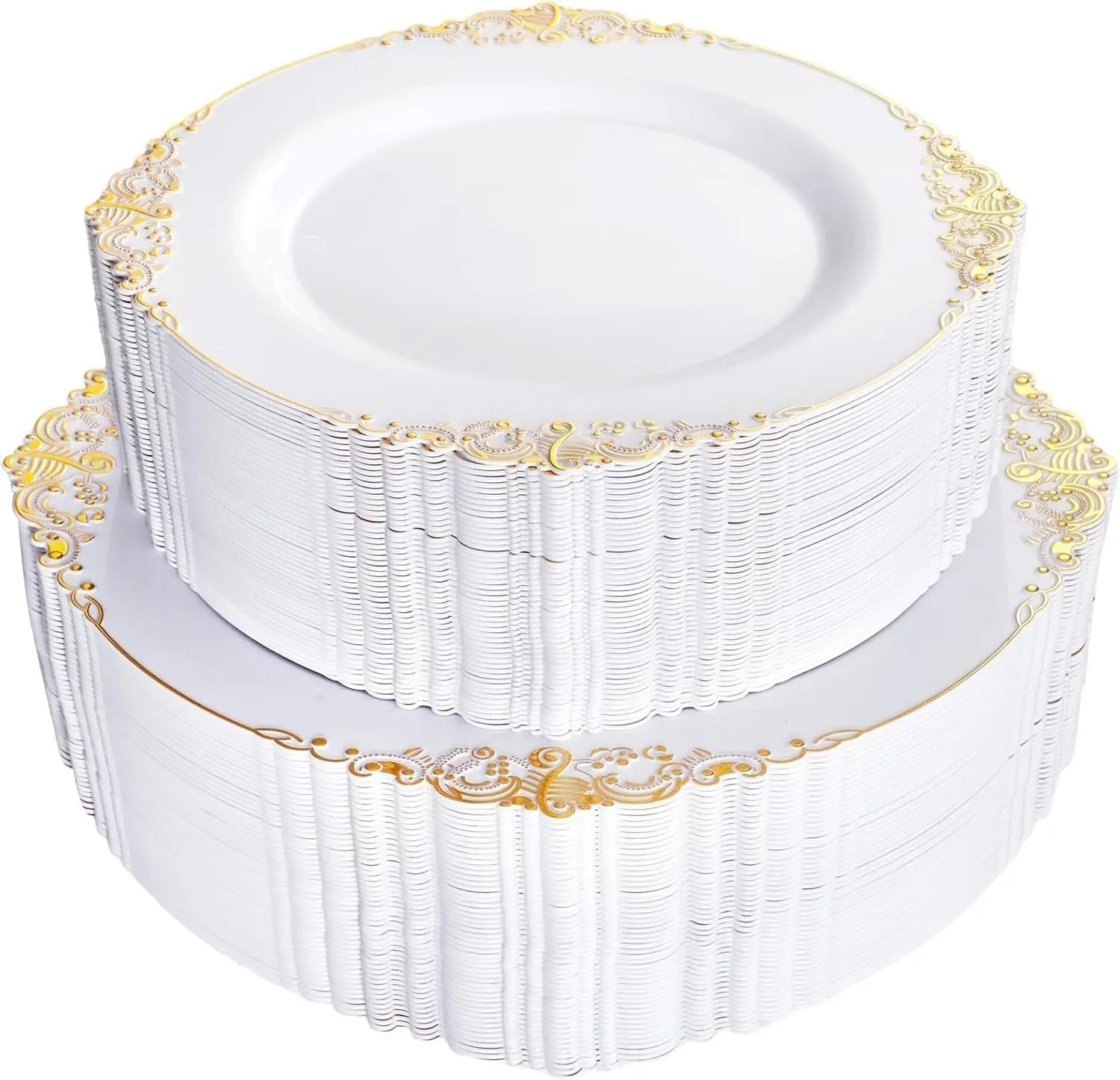 100PCS White and Gold Plastic Plates - Heavy Duty Gold Disposable Plates Include 50PCS 7.5inch Dessert Plates, 50PCS 10.25inch Dinner Plates for Wedding & Parties