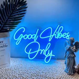 Good Vibes Only Neon Sign, USB Powered Dimmable Ice Blue Cyan LED Neon Light, Aesthetic Positive Quote Wall Decor for Bedroom Gaming Room Man Cave Home Bar, Motivational Gift for Her Teens Gamers