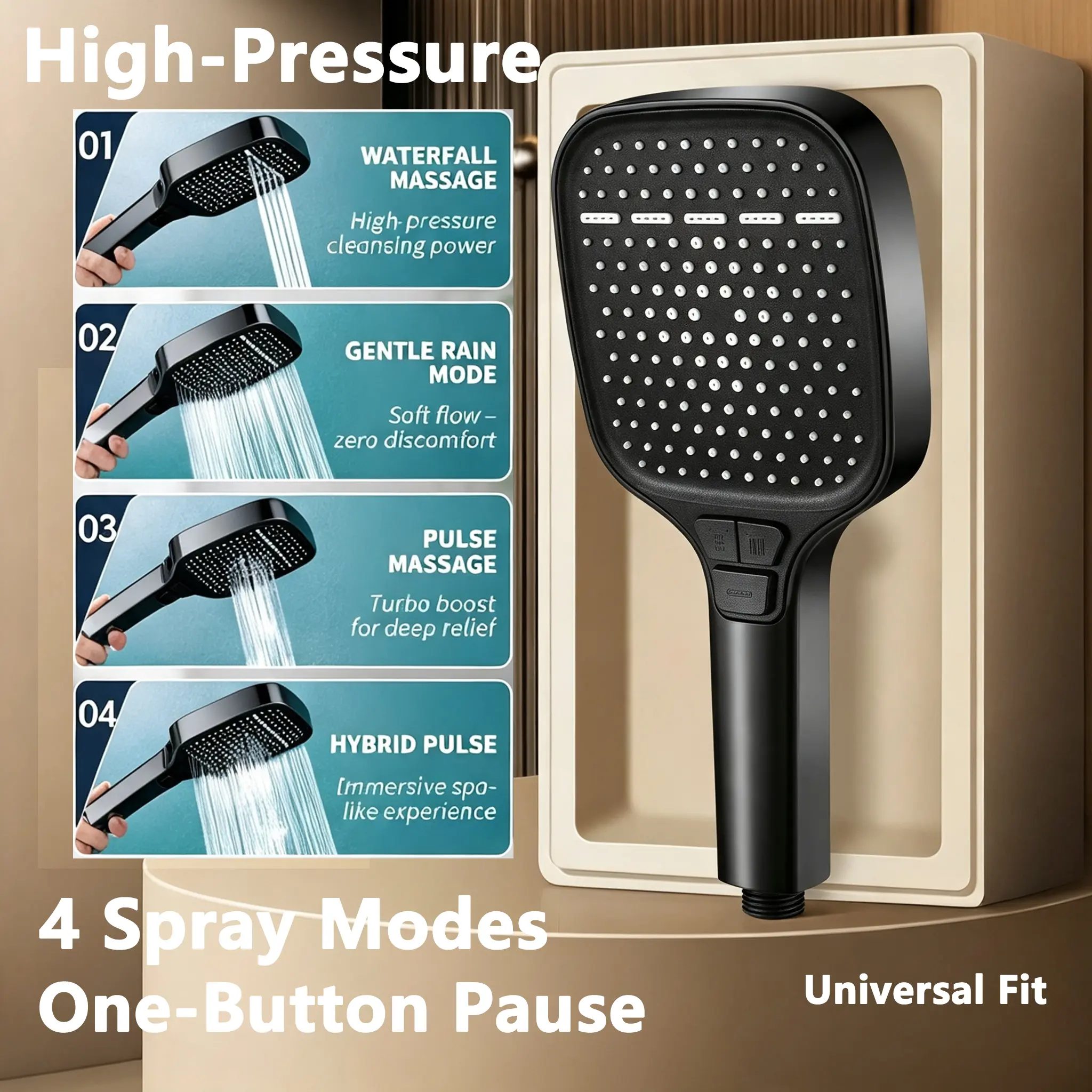 4 Spray Modes High-Pressure Shower Head,Extra-Large Face,Universal Fit,59-inch Stainless Steel Hose & Shower Holder