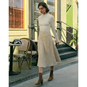 RIHOAS Women's High-Waisted Tweed Skirt with Pearl Buttons