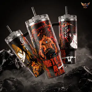 Postgas D.Ace Fire Fist One P 40 oz Tumbler Mera Mera no Mi Devil Power Flame Graphic Design Vacuum Insulated Travel Mug with Handle 18/8 Steel Keeps Drinks Cold 12H+ Hot 6H Anime Manga Merch Cosplayers Straw Hat Fans Gift for Lovers