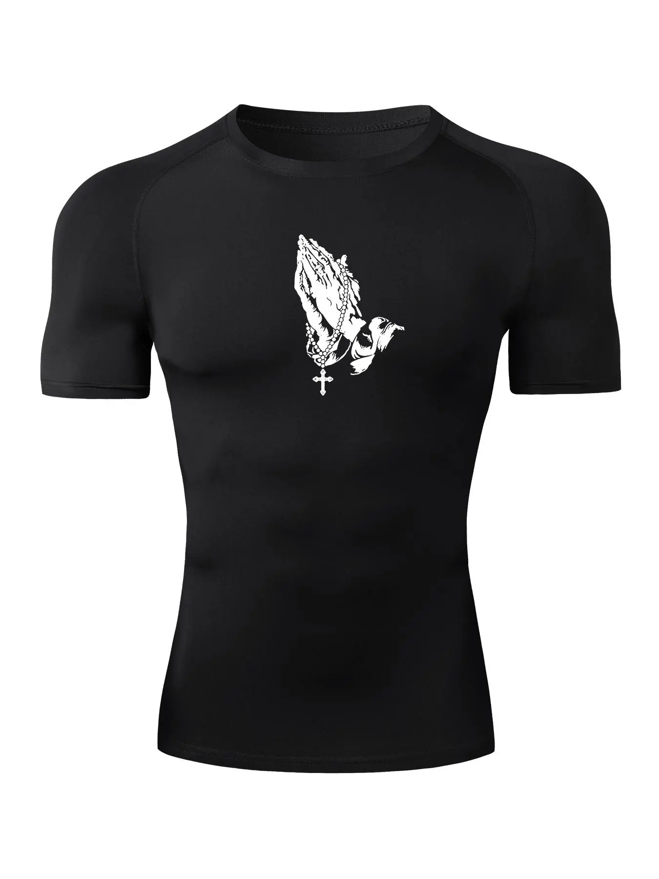 Men's Cross & Prayer Hand Print Short Sleeve Compression Tee, Athletic Shirt, Round Neck T-shirt for Summer, Men's Top for Gym Workout Running, High Performance Activewear, Activewear Clothes, Activewear Tees