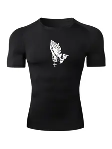 Men's Cross & Prayer Hand Print Short Sleeve Compression Tee, Sporty Round Neck T-shirt for Summer, Men's Top for Gym Workout Running