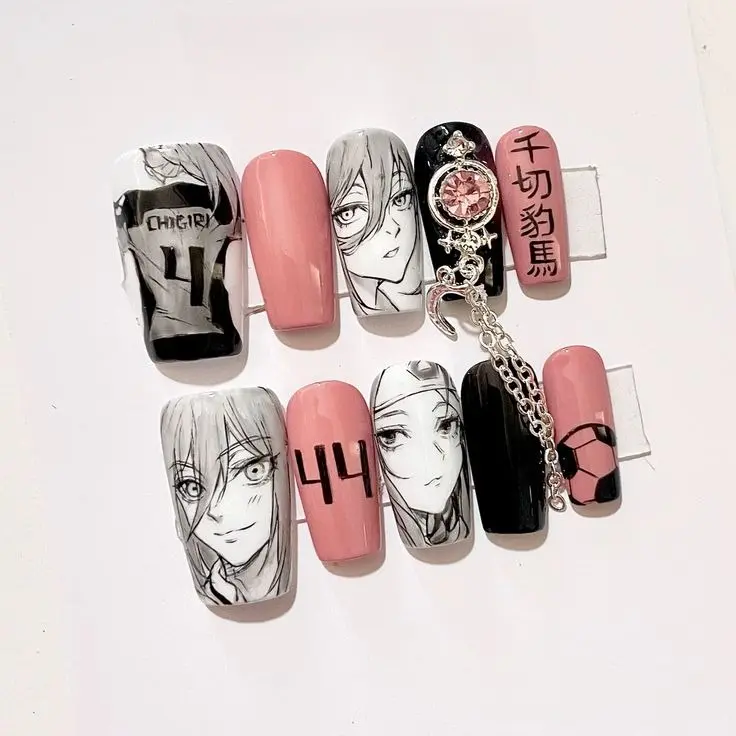 Anime Style Press On Nails Handmade Black Pink Reusable Nail Set Chigiri Hyoma |Free Adhesive Tabs, Nail File & Cuticle Stick Gelly Tips