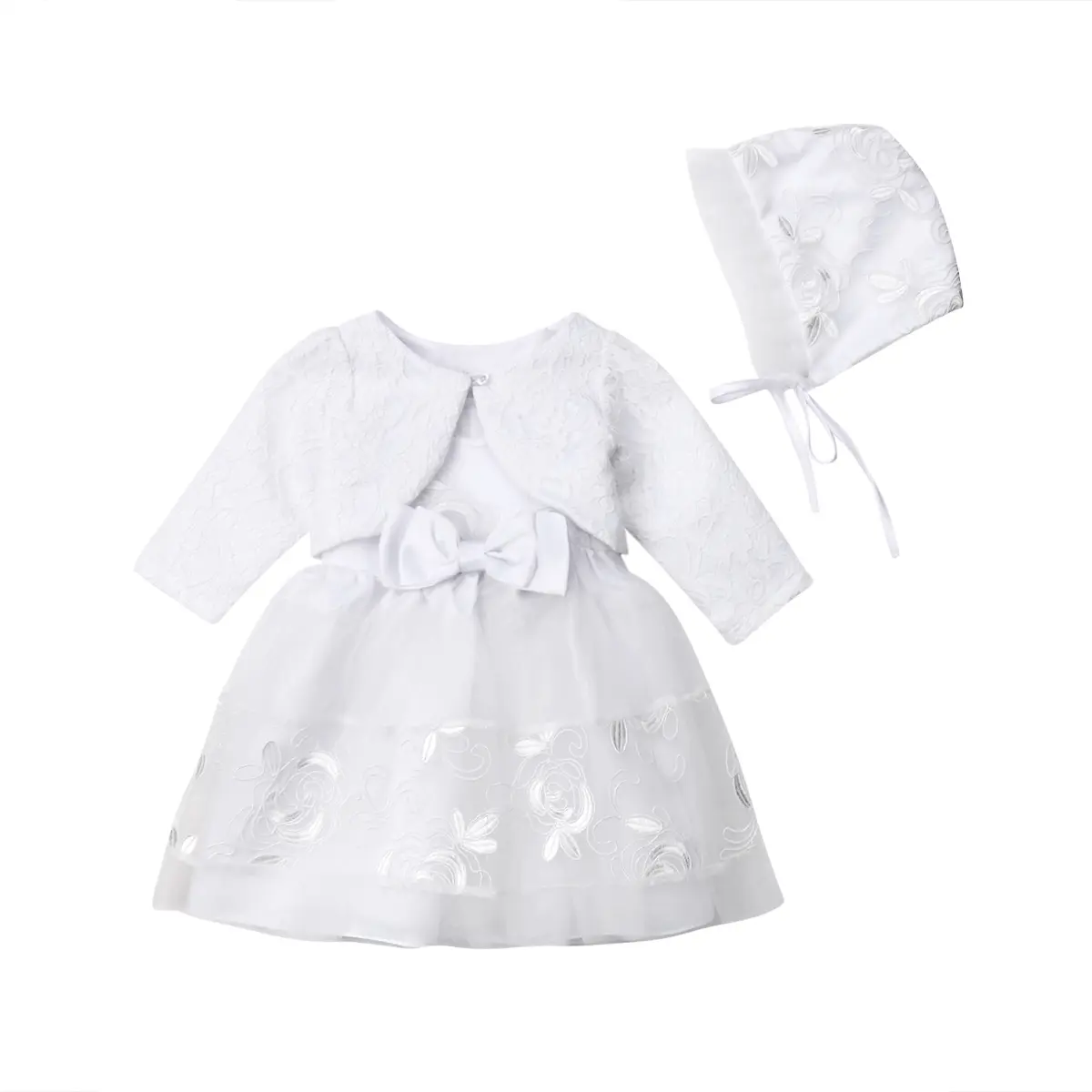 Newborn Baby Girl Christening Dress White Lace Baptism Dresses Tutu Birthday Party Princess Dresses with Hat Outfits