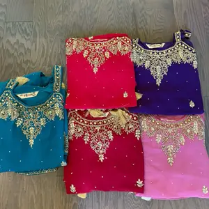 Sleeveless Georgette Handwork 3pcs Kurtha Set in Assorted Colors with Intricate Embroidery Design