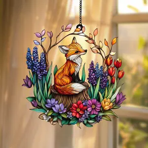 Fox Flowers Faux Stained Glass Suncatcher, Colorful Animal and Floral Acrylic Window Hanging Decor Gift for Nature Animal Lover,Gift for Mom