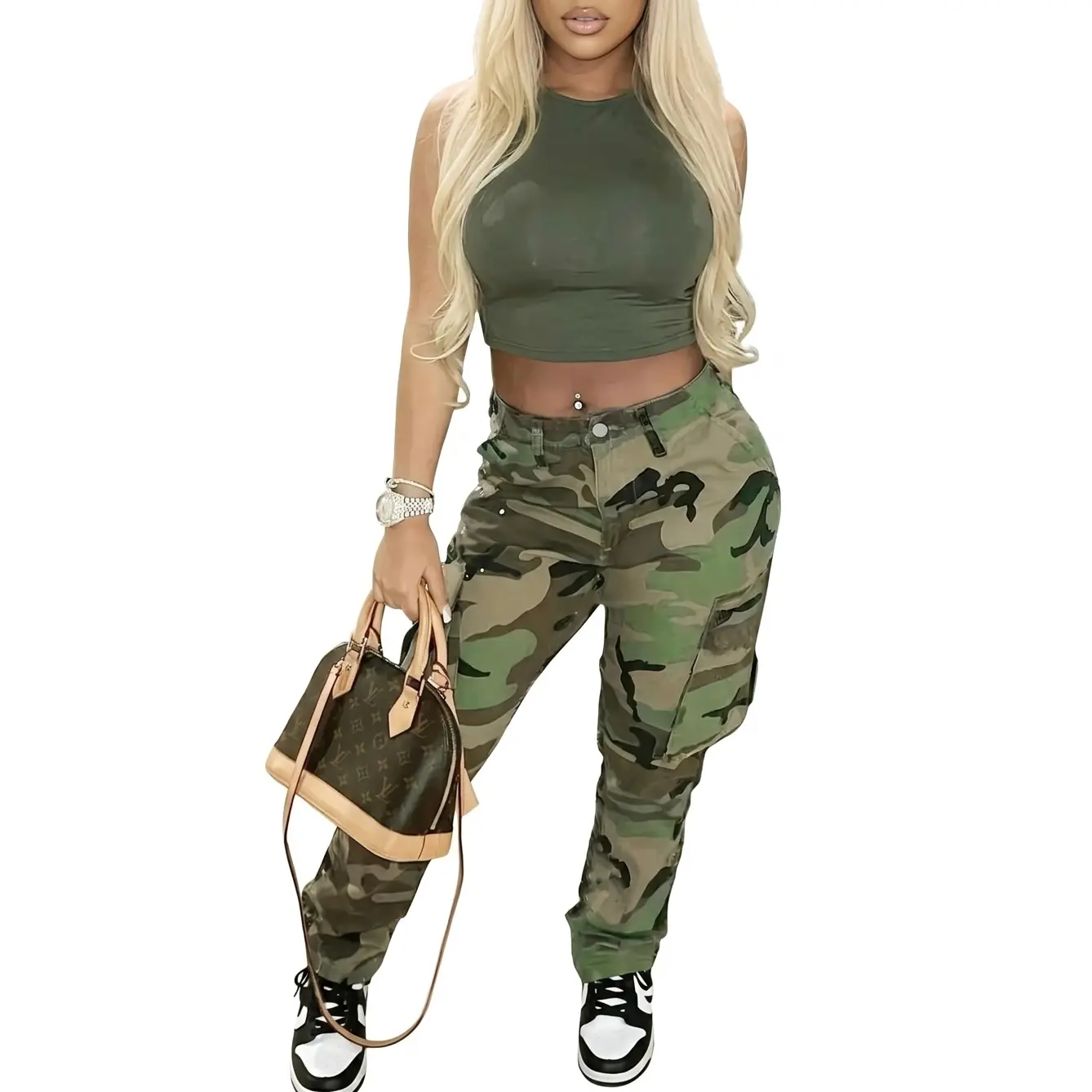 S-6XL Trending Now: Camo Jeans for the ModernWoman, Straight from the Streets of LA! jeans for curvy woman,Women's Camo Cargo DenimJeans - High-Rise, Loose Fit with Multi-Pockets, Elastic Waistband for SlimmingEffect, Street Style Fashion,