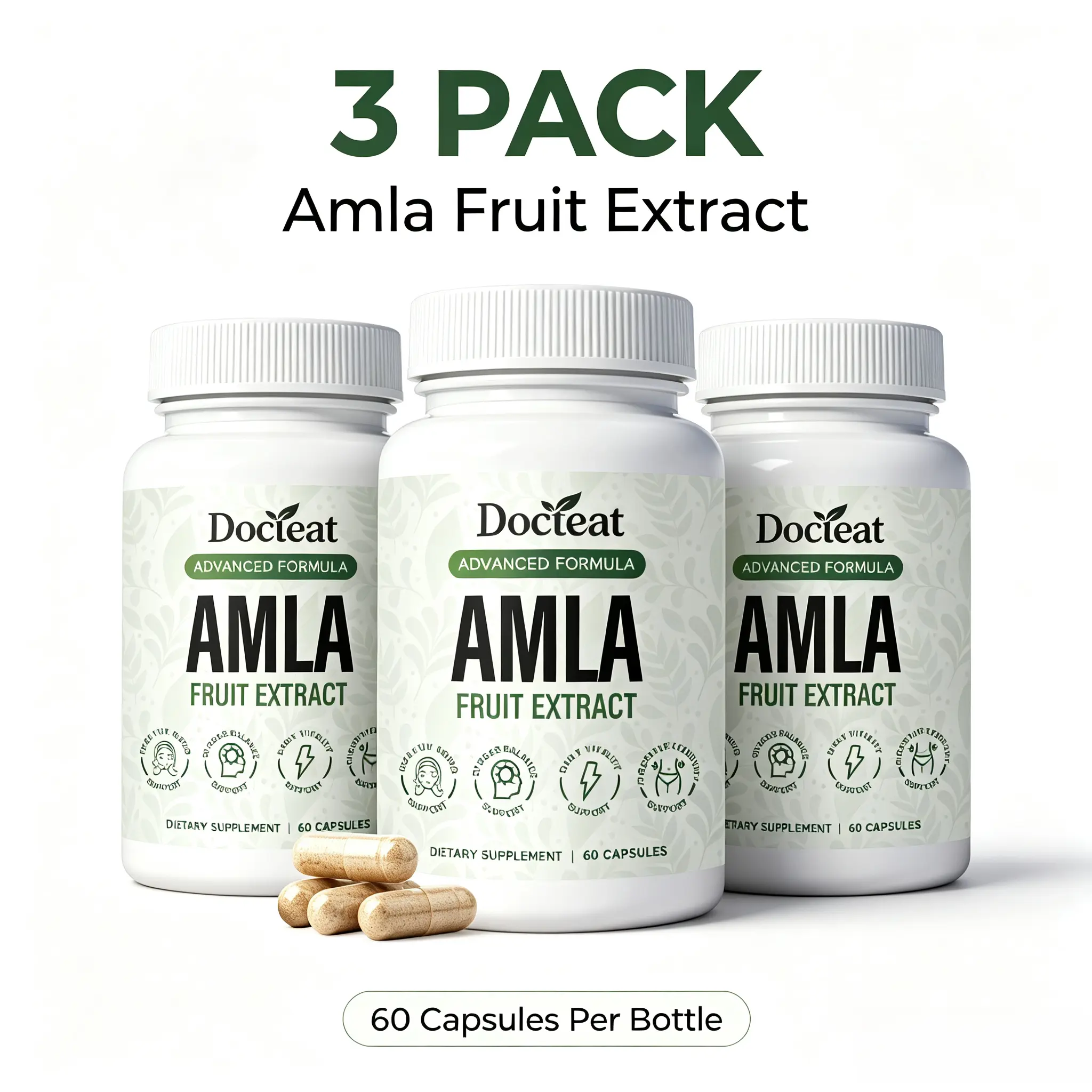 3 PACK Amla Extract Capsules with Vitamin C & Niacinamide, Supports Energy, Skin Elasticity & Body Balance, 60 Count Per Bottle