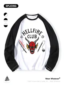 Stranger Things Hellfire Club Print Loose Long Sleeve Patchwork Casual Breathable Shirt for Outdoor and Home Wear