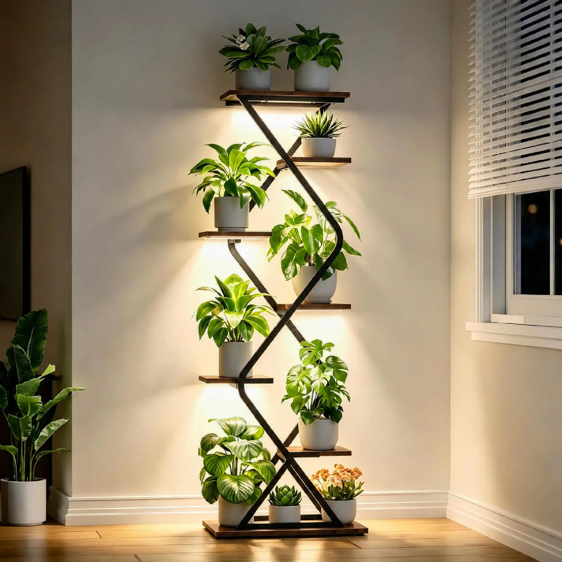 Plant Stand Indoor with Grow Lights, POZILAN 8-Tier 63" Tall Metal Plant Shelf for Multiple Plants, Modern Corner Plant Holder Rack for Living Room Home Decor