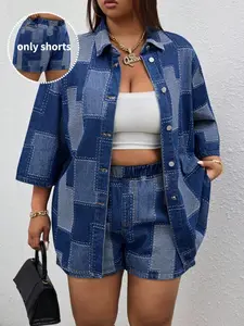 Women's Plus Size Colorblock Washed Denim Bermuda Shorts, Casual Pocket Shorts Summer Fashion, Comfortable High Waist Jeans, Perfect for Daily Wear