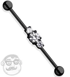Triple CZ Gem Black PVD Industrial Barbell
