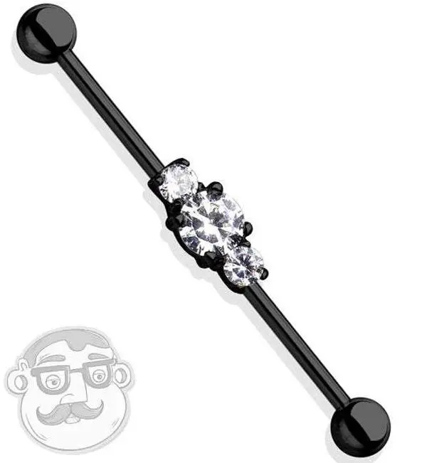 Triple CZ Gem Black PVD Industrial Barbell