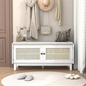 Bohemian Style Storage Bench 43*15.4in MDF Panel Pine Wood Frame Plastic Rattan Door Removable Washable Fabric Cushion 3-Level Adjustable Shelf 4 Compartments 200lbs Load Adjustable Foot Pegs Round Edge Entryway Shoe Bench for Living Room Bedroom