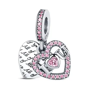 MULA S925 Sterling Silver pink heart, double layer romantic text pendant, inlaid with micro zircon, can be used with Pandora bracelets and necklaces, an ideal gift for your wife, girlfriend or daughter