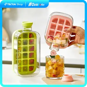 2025 New 2 in 1 Ice Cube Tray Water Bottle with Lid and Bin, No touch Ice Cube Tray, Easy Ice Release for Freezer, Perfect for Coffee, Juice, and Beverages Utensils 18Grids Green Outdoorfun Ice Cubes Maker Reusable Ice Ring
