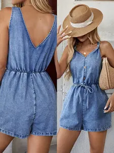Women's Summer Denim Jumpsuit, Button Design, Casual Style, Suitable for Daily Wear and Outdoor Activities, Boho Fit, Plain Pattern