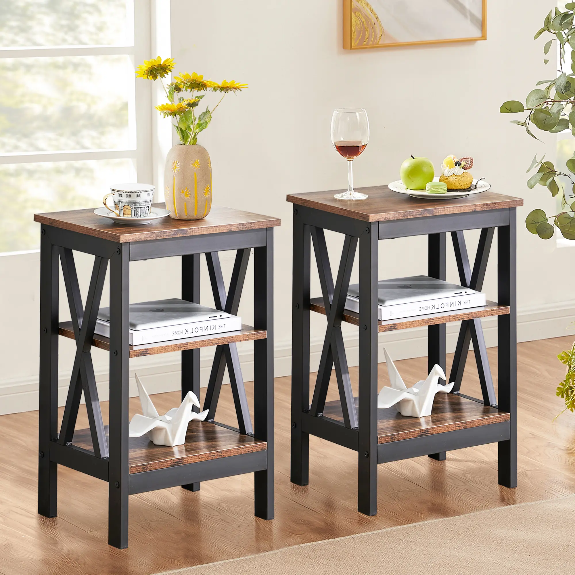 VECELO Nightstand Set of 1 or 2 Modern Bedside Tables Wood  Side End Table with X-Design Frame 3-Tiers Open Storage Shelf for Bedroom Living Room,Brown,Black,White