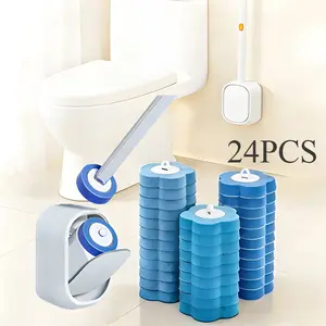Disposable Toilet Brush, Toilet Bowl Wand Holder Set with 24PCS Cleaner Refills, Bathroom Cleaning System for Sink Bathtub Drain Wash Basin Urinal，Wall-Mount Scrubbing Toilet Brush Bathroom Cleaning Kit