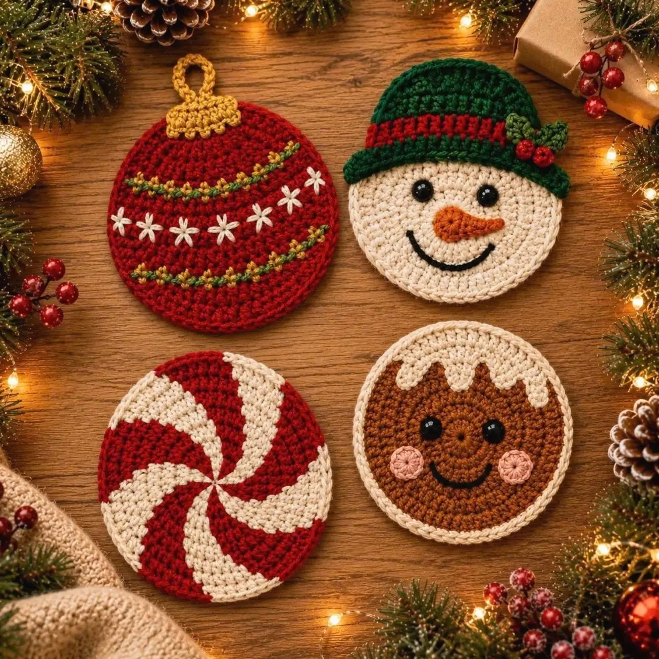 Crochet Christmas Coaster, Snowman Gingerbread Peppermint Mug Mat, Handmade Holiday Table Decor, Christmas Gift for Hostess