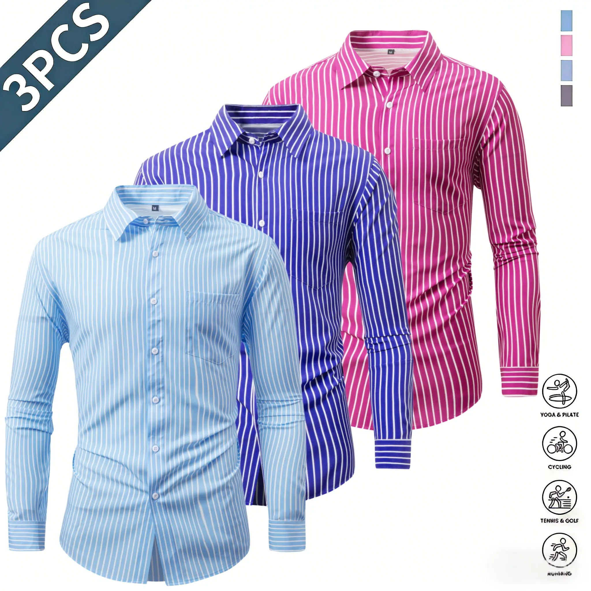 Men’s long sleeve striped shirt with chest pocket, three quarter sleeves, classic pointed collar design that is sharp and well structured, left chest patch pocket for practical storage, white placket buttons add a refined touch, long sleeve fit suitable f