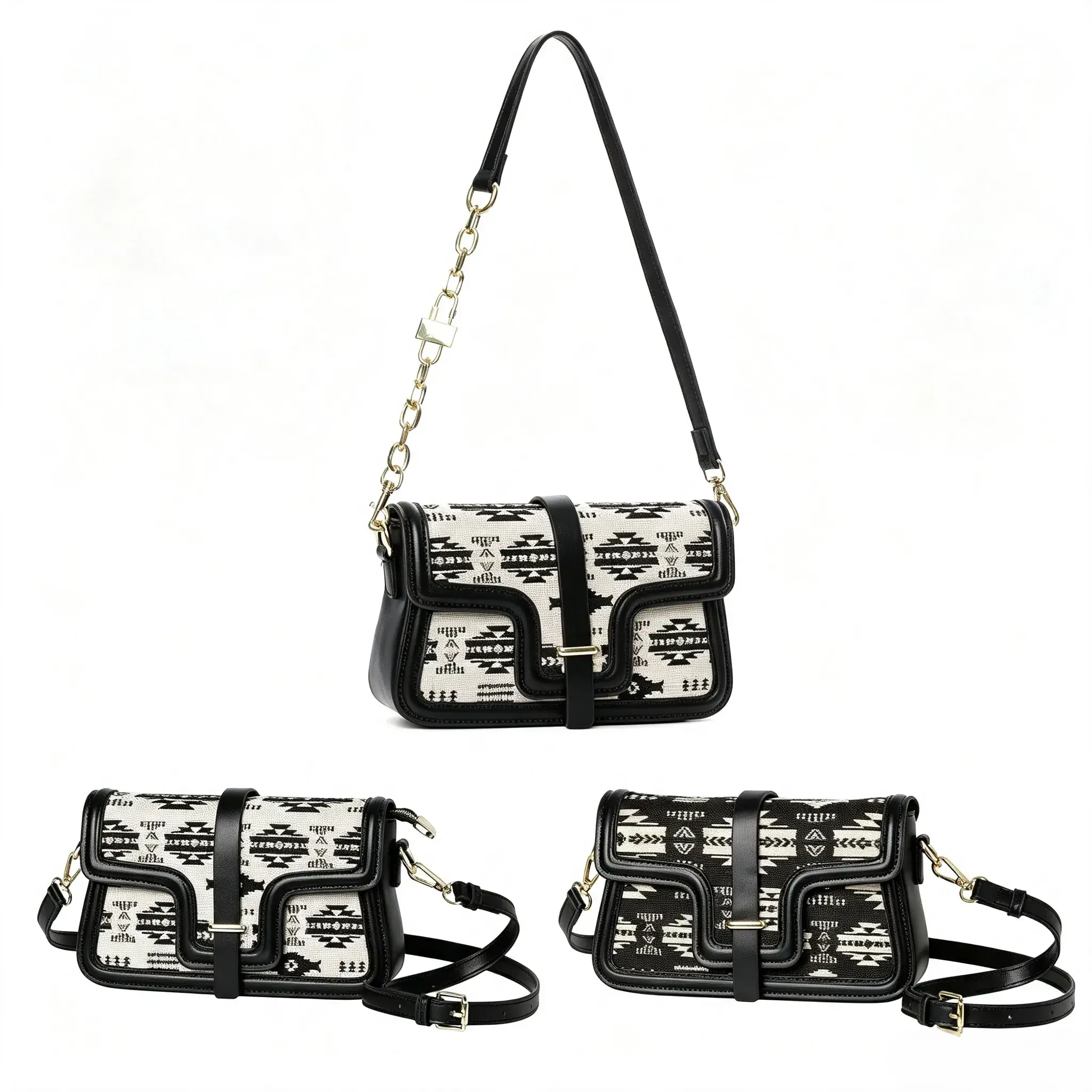 Women's Retro Southwest Aztec Crossbody Bag, Vintage Western PU Leather Shoulder Purse with Chain & Adjustable Straps, Flap & Zip Closure Chic Small Satchel Handbag