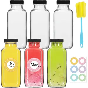6 Pack 12oz Glass Water Bottles, 350ml Empty Glass Juice Bottles with Black Lids, Brush & Labels, Clear Drinking Jars for Juicing, Homemade Smoothies, Beverages