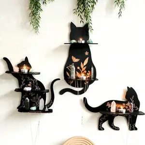 1pc Cat Crystal Display Stand Hook, Floating Moon Cat Crystal Shelf, Wooden Cute Wall Rack, Wall Mount Design, Gothic Home Decor, Stone Display Bracket